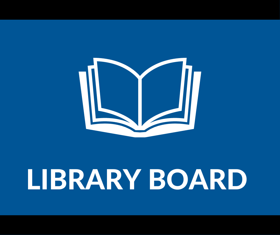 White image of book and white text "Library Board" on blue blackground