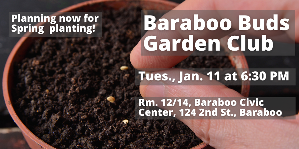 slide advertising Baraboo Buds Garden Club meeting 1-11-22