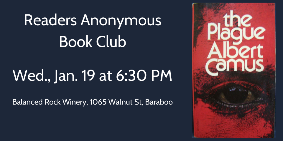 slide advertising Readers Anonymous meeting featuring The Plague by Albert Camus 1-19-22